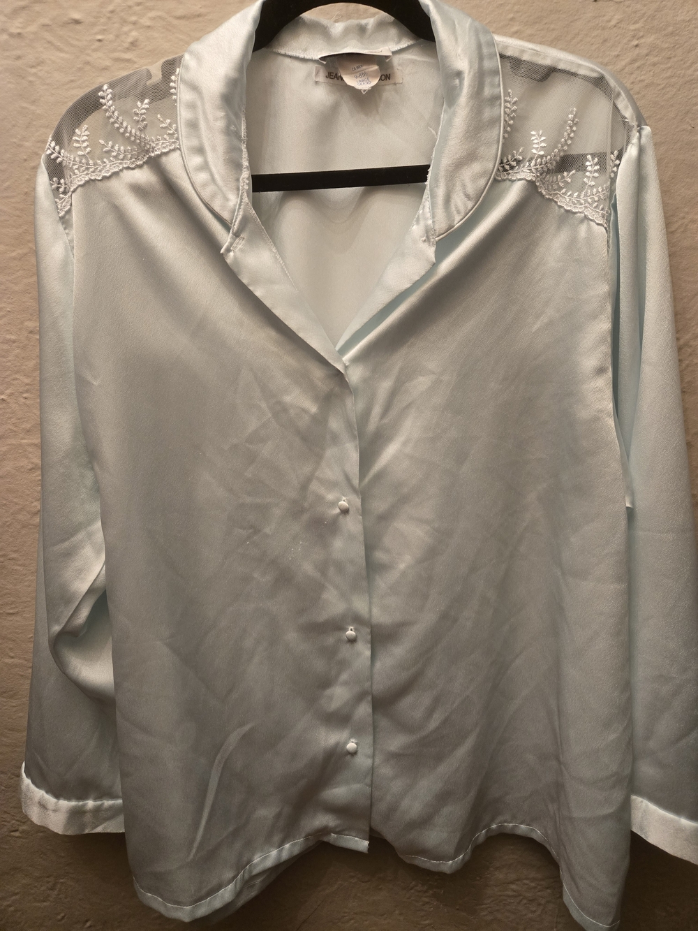 Vintage Satin Blouse Lace Sheer Shoulder Blue Cottagecore Romantic Top L XL - Picture 9 of 9